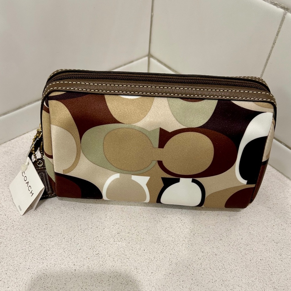 Coach Cosmetic Bag - NWT,  Multi Color Satin, Leather Trim Zippered Top